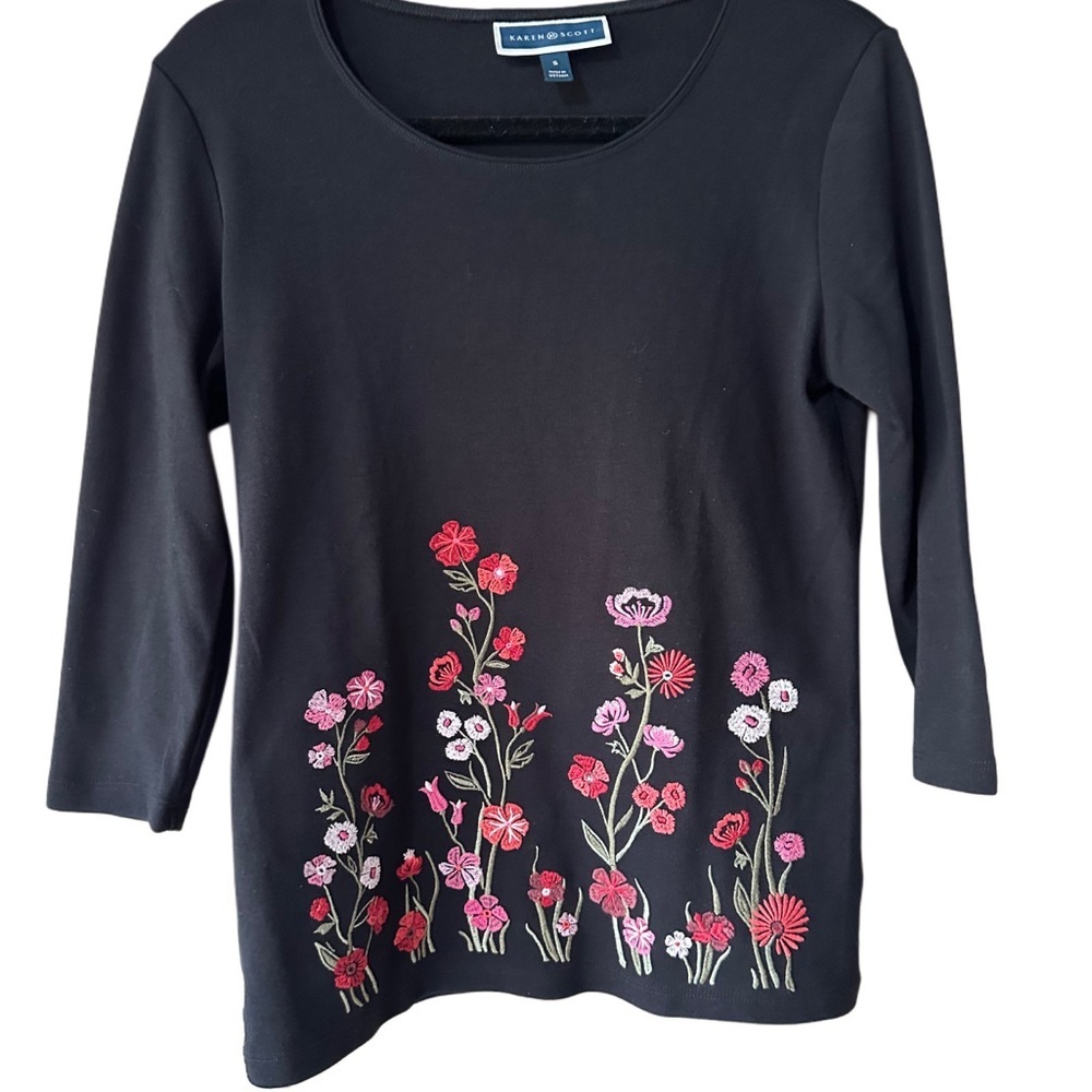 Karen Scott Black Top with Flower/Stem Embroidery
